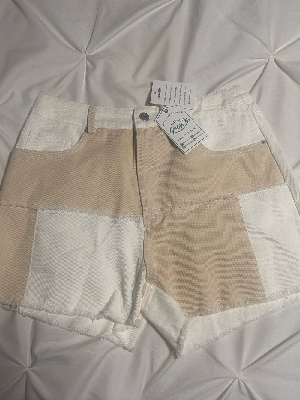 NWT Very J Beige and White Patchwork High-Rise Denim Shorts